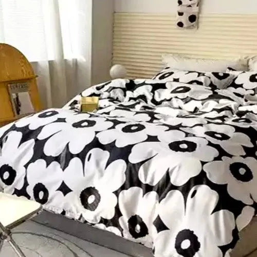 Single size bedding set 4 pieces without filler, White Flower design