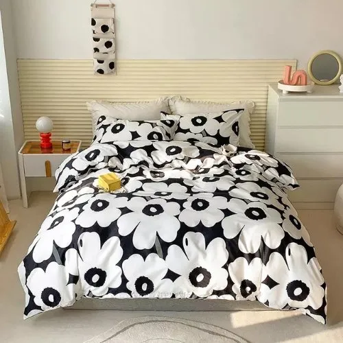 Single size bedding set 4 pieces without filler, White Flower design