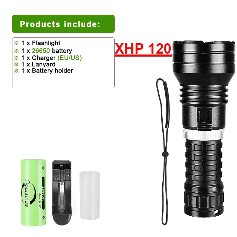 Super 8000LM XHP120 LED Diving Flashlight Ultra Bright Underwater Light Powerful Scuba Dive Torch IPX8 Waterproof Diving Lantern