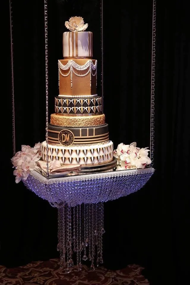 Suspended cake Swing mirror top - gold or silver Faux Crystal chandelier style drape by Crystal wedding uk