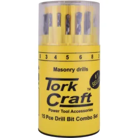 Tork Craft | Drill Bit Set Combo Wood   Masonry   HSS in Plastic Container 15Pc