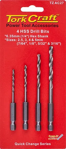 TORK CRAFT HEX SHANK DRILL BIT 4 PCE SET 2.5MM 3MM 4MM 5MM TZ AC27