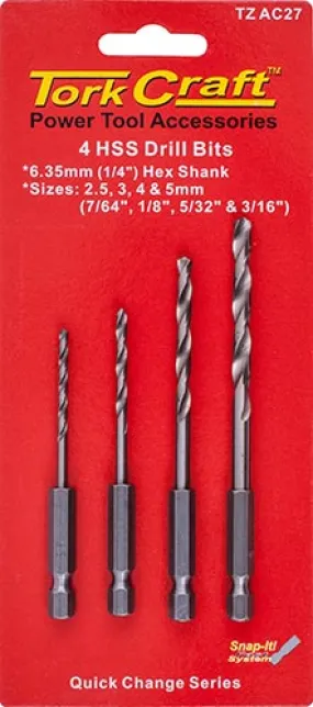 TORK CRAFT HEX SHANK DRILL BIT 4 PCE SET 2.5MM 3MM 4MM 5MM TZ AC27