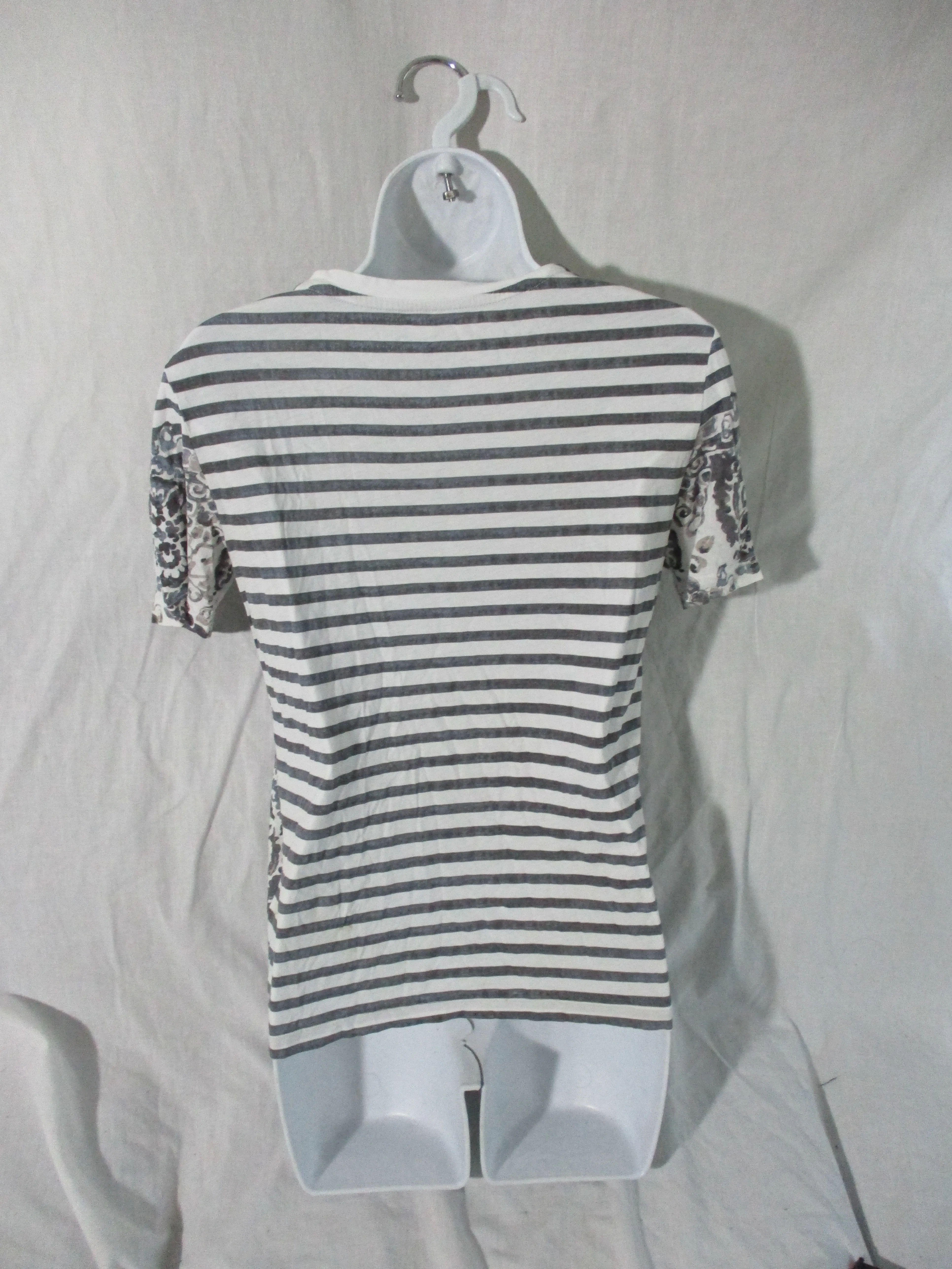 TORY BURCH Striped Floral Signature Logo Shirt Top Tee XS White Gray