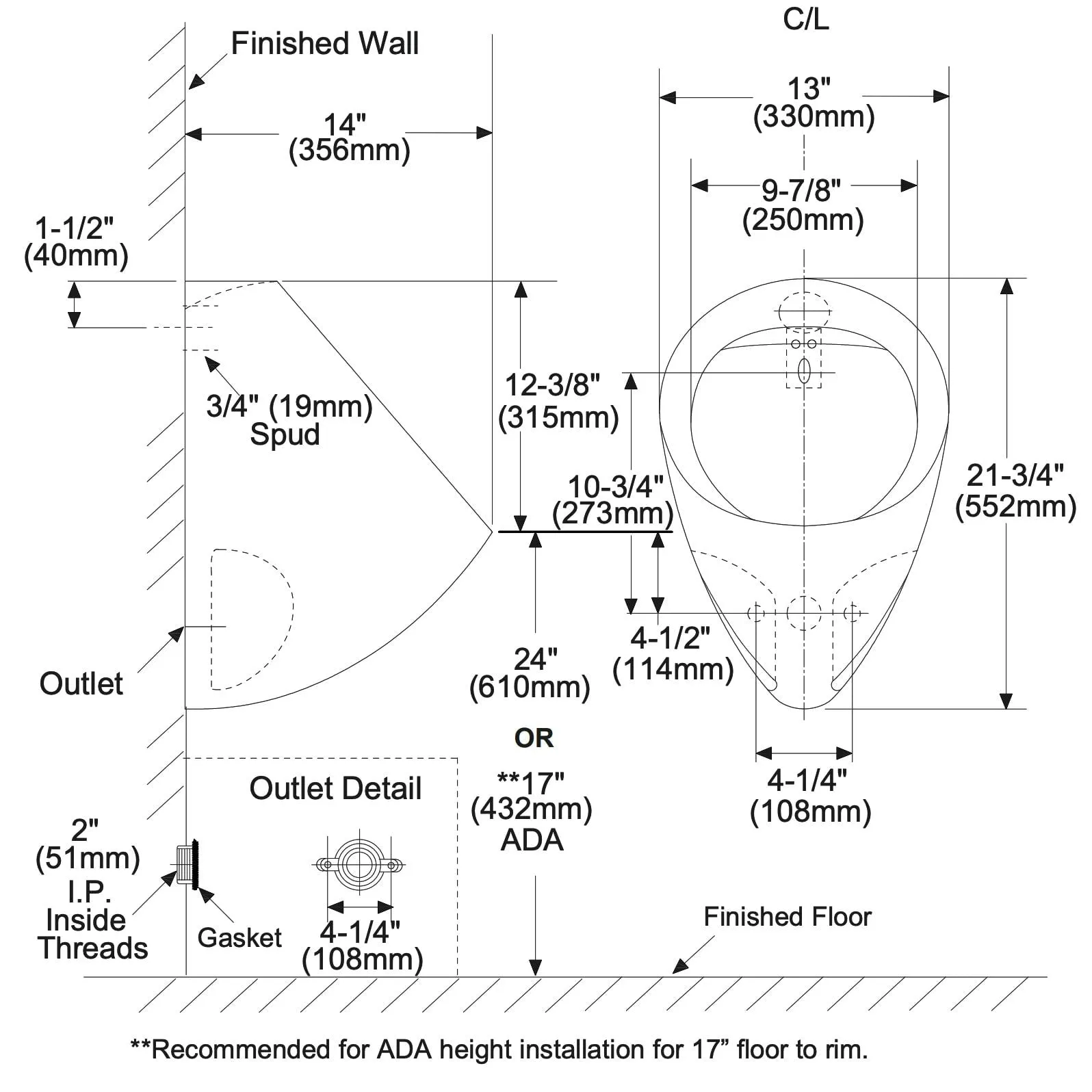 TOTO UT104EV#01 Commercial Washout High Efficiency Urinal with Back Spud, 0.5 GPF, Cotton White