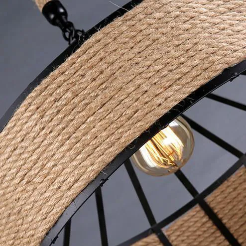 Traditional Rustic Round Iron Hemp Rope 1-Light Pendant Light For Living Room