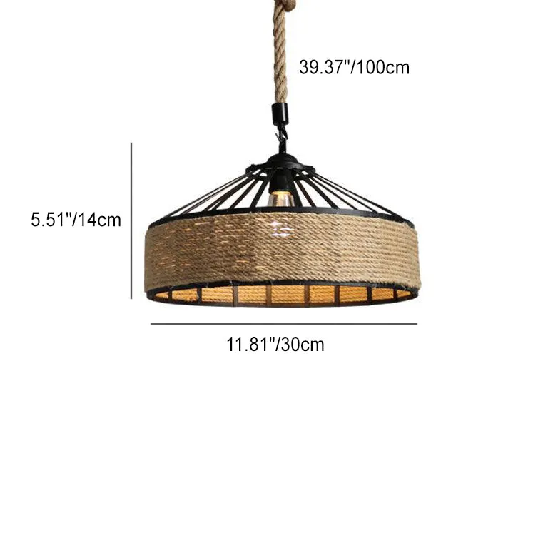 Traditional Rustic Round Iron Hemp Rope 1-Light Pendant Light For Living Room