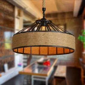 Traditional Rustic Round Iron Hemp Rope 1-Light Pendant Light For Living Room