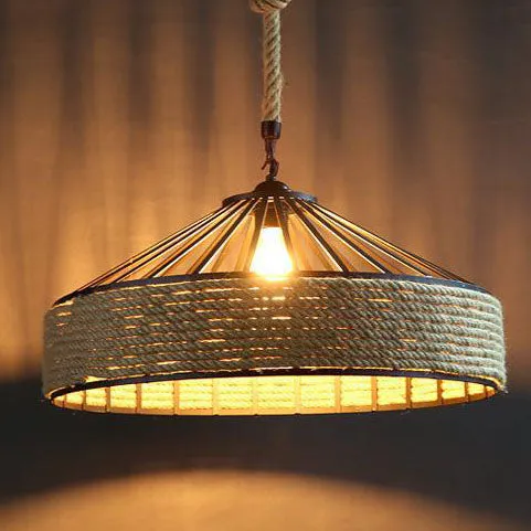 Traditional Rustic Round Iron Hemp Rope 1-Light Pendant Light For Living Room