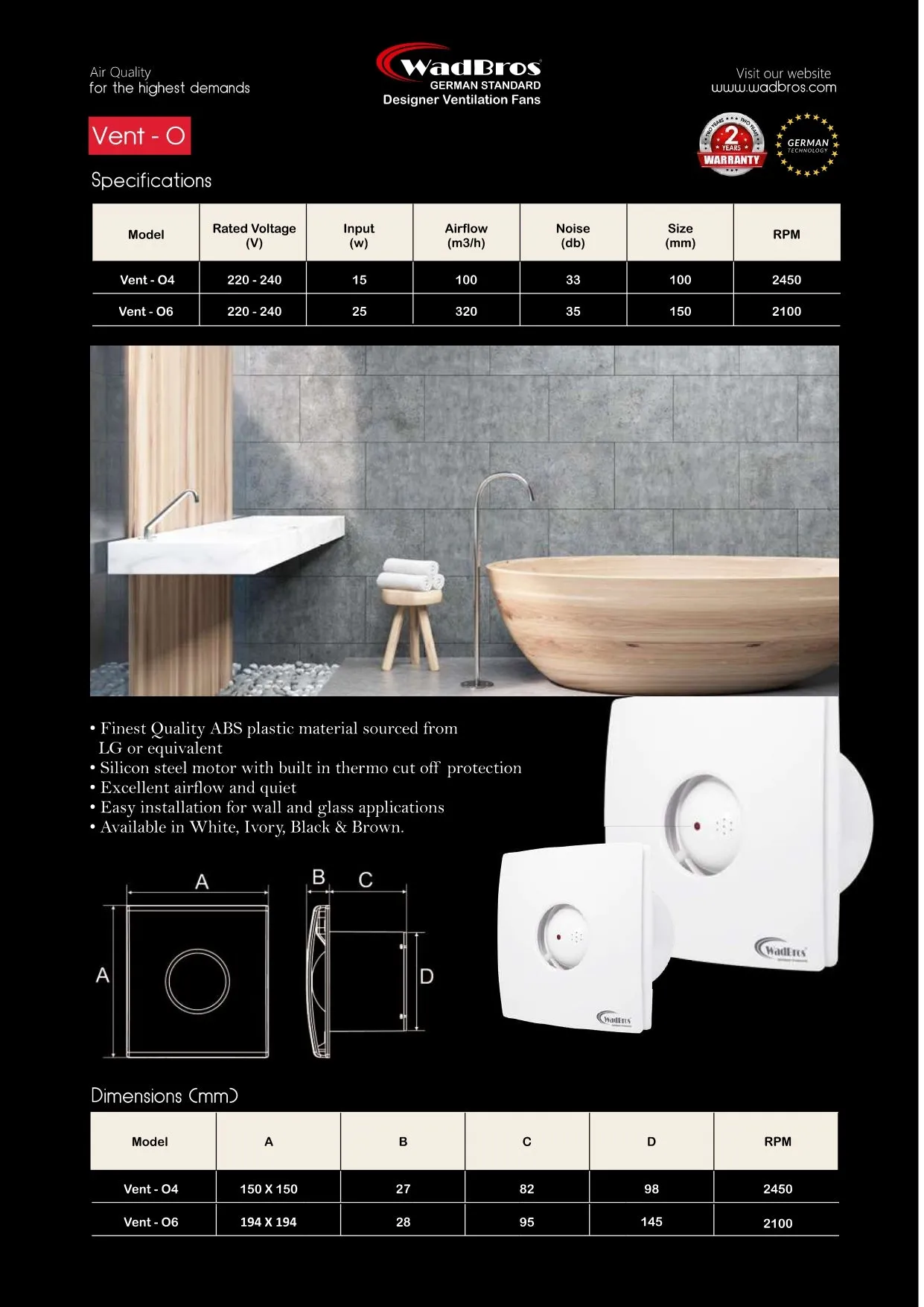 Vent 0 Series Ventilation/Exhaust Fan ( Vent 04, Vent 06 & Vent 08) By Wadbros