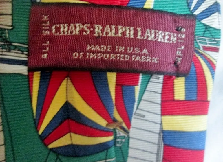 Vintage CHAPS RALPH LAUREN USA 100% Silk NECK TIE Necktie Sailboat GREEN Nautical Tall Ships