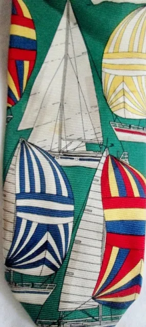 Vintage CHAPS RALPH LAUREN USA 100% Silk NECK TIE Necktie Sailboat GREEN Nautical Tall Ships