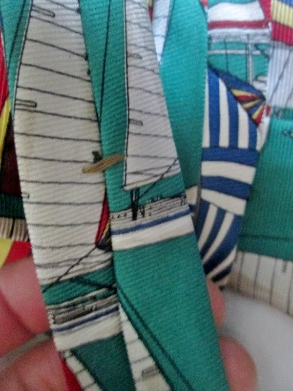 Vintage CHAPS RALPH LAUREN USA 100% Silk NECK TIE Necktie Sailboat GREEN Nautical Tall Ships