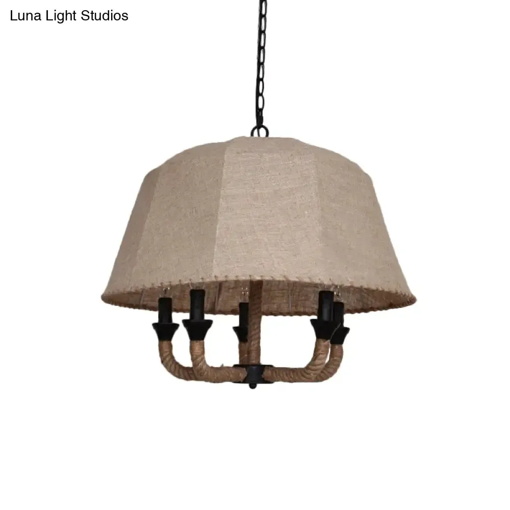 Vintage Domed Chandelier Light with 5 Fabric Suspension Lamps - Brown & Hemp Rope