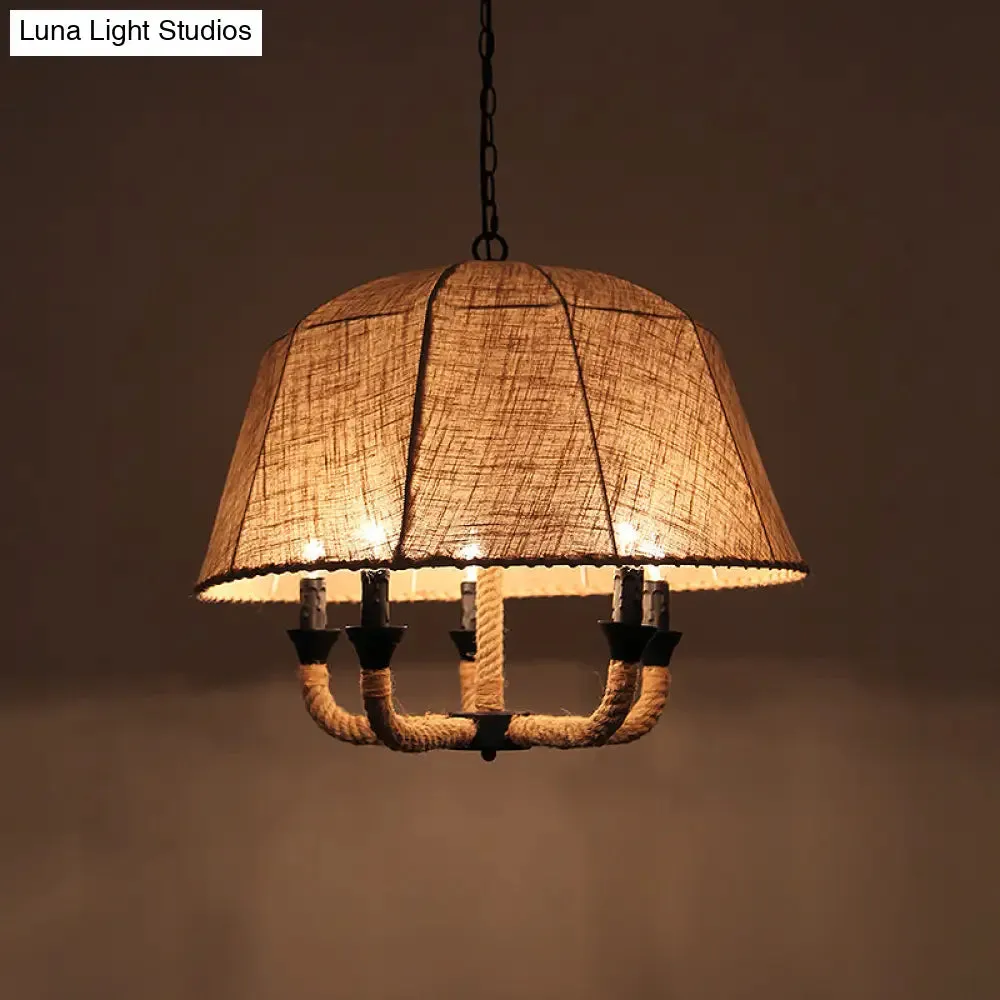 Vintage Domed Chandelier Light with 5 Fabric Suspension Lamps - Brown & Hemp Rope