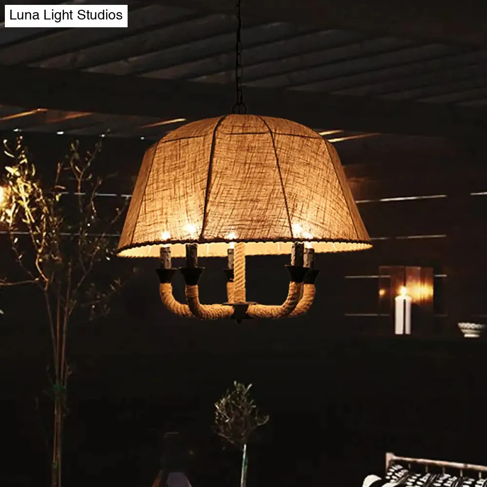 Vintage Domed Chandelier Light with 5 Fabric Suspension Lamps - Brown & Hemp Rope