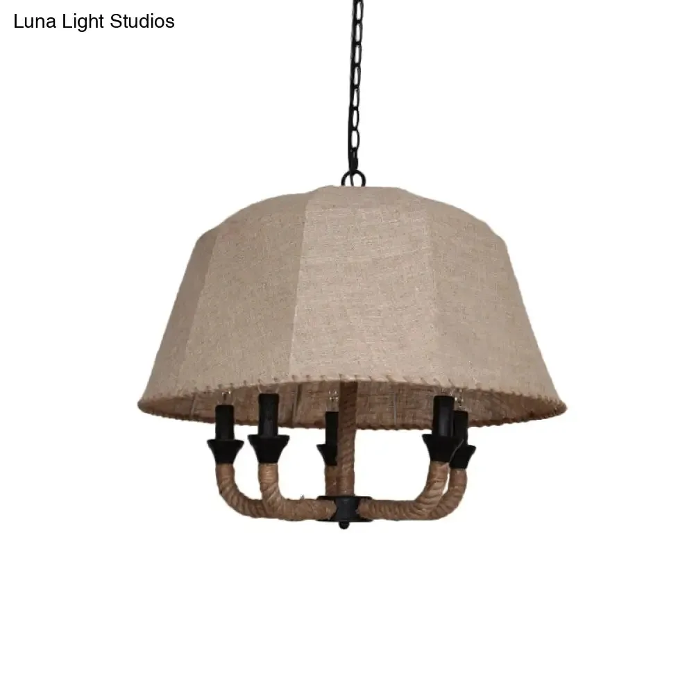 Vintage Domed Chandelier Light with 5 Fabric Suspension Lamps - Brown & Hemp Rope