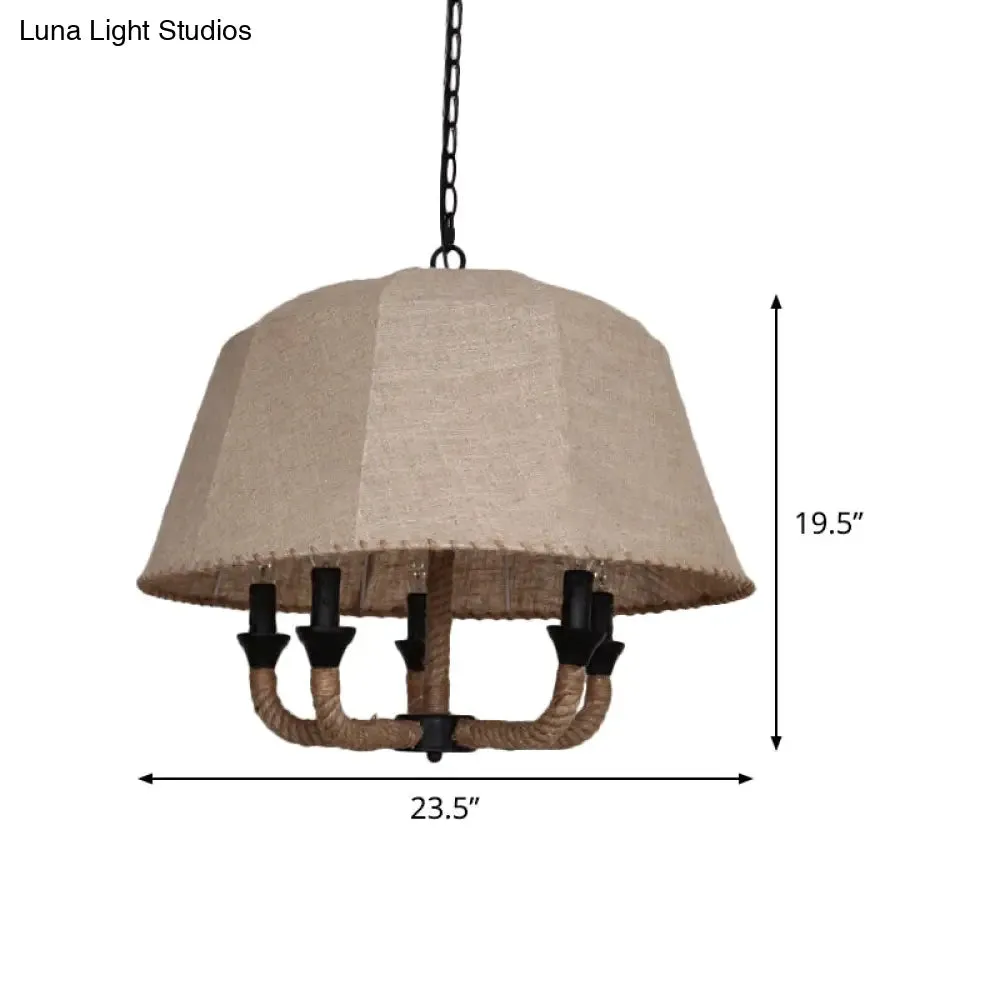 Vintage Domed Chandelier Light with 5 Fabric Suspension Lamps - Brown & Hemp Rope