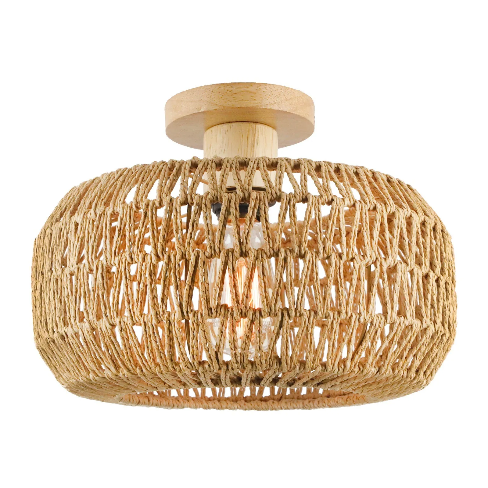 Vintage Industrial Rattan Twine Weaving Drum 1-Light Semi-Flush Mount Ceiling Light