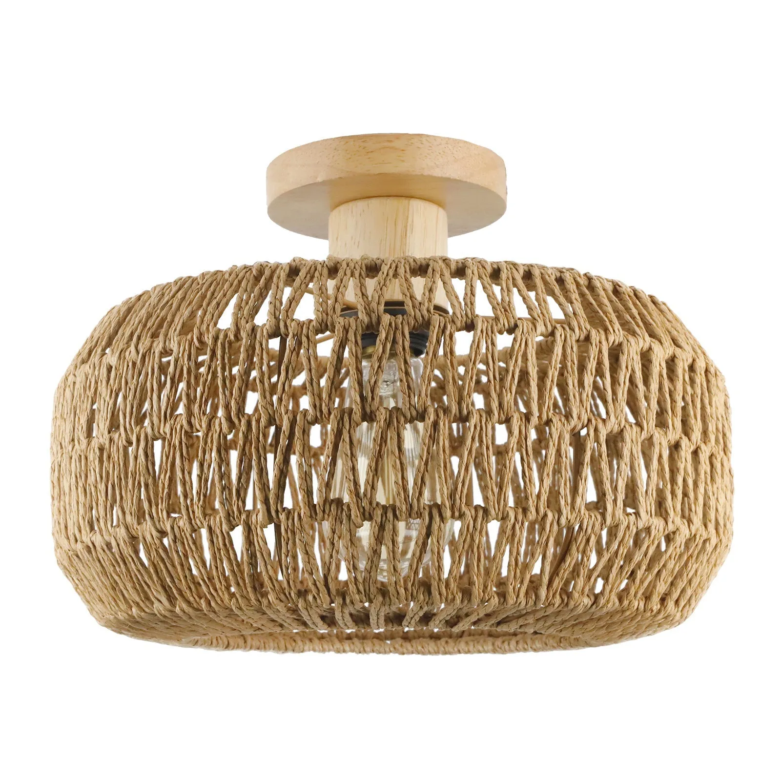 Vintage Industrial Rattan Twine Weaving Drum 1-Light Semi-Flush Mount Ceiling Light