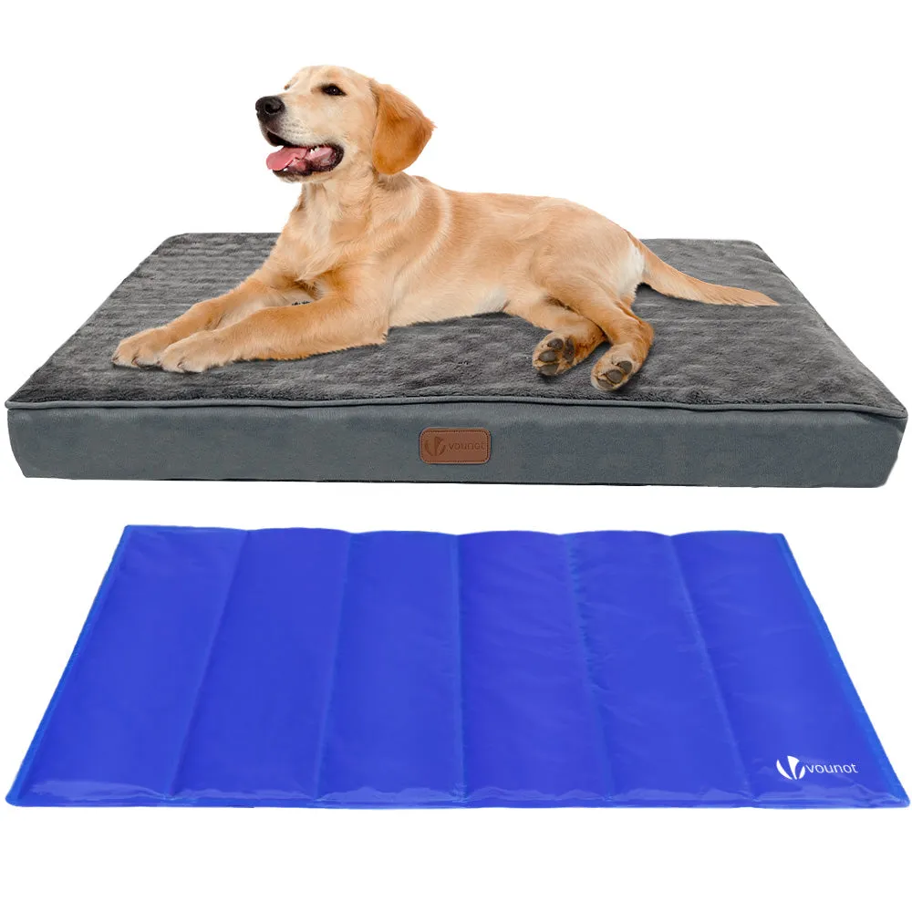 VOUNOT Dog Bed with Cooling Mat, Wahsable Pet Mattress Crate Cushion, Grey 91x70x9cm