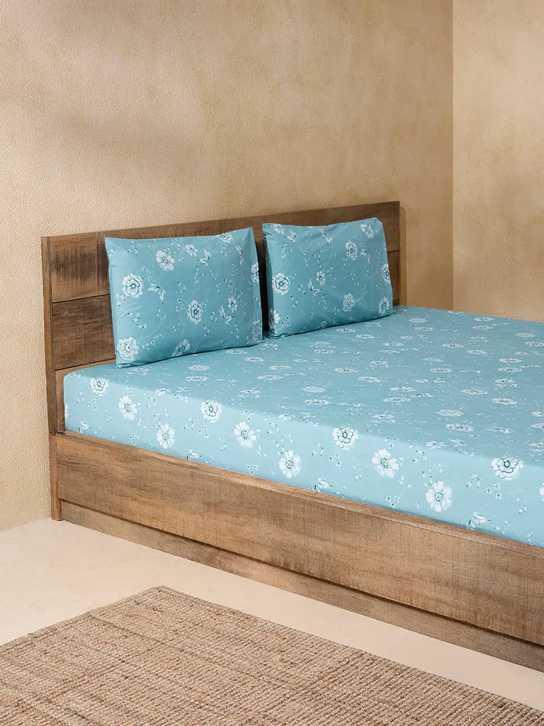 Westside Home Dusty Blue Botanical Print Single Bed Flat Sheet and Pillowcover Set