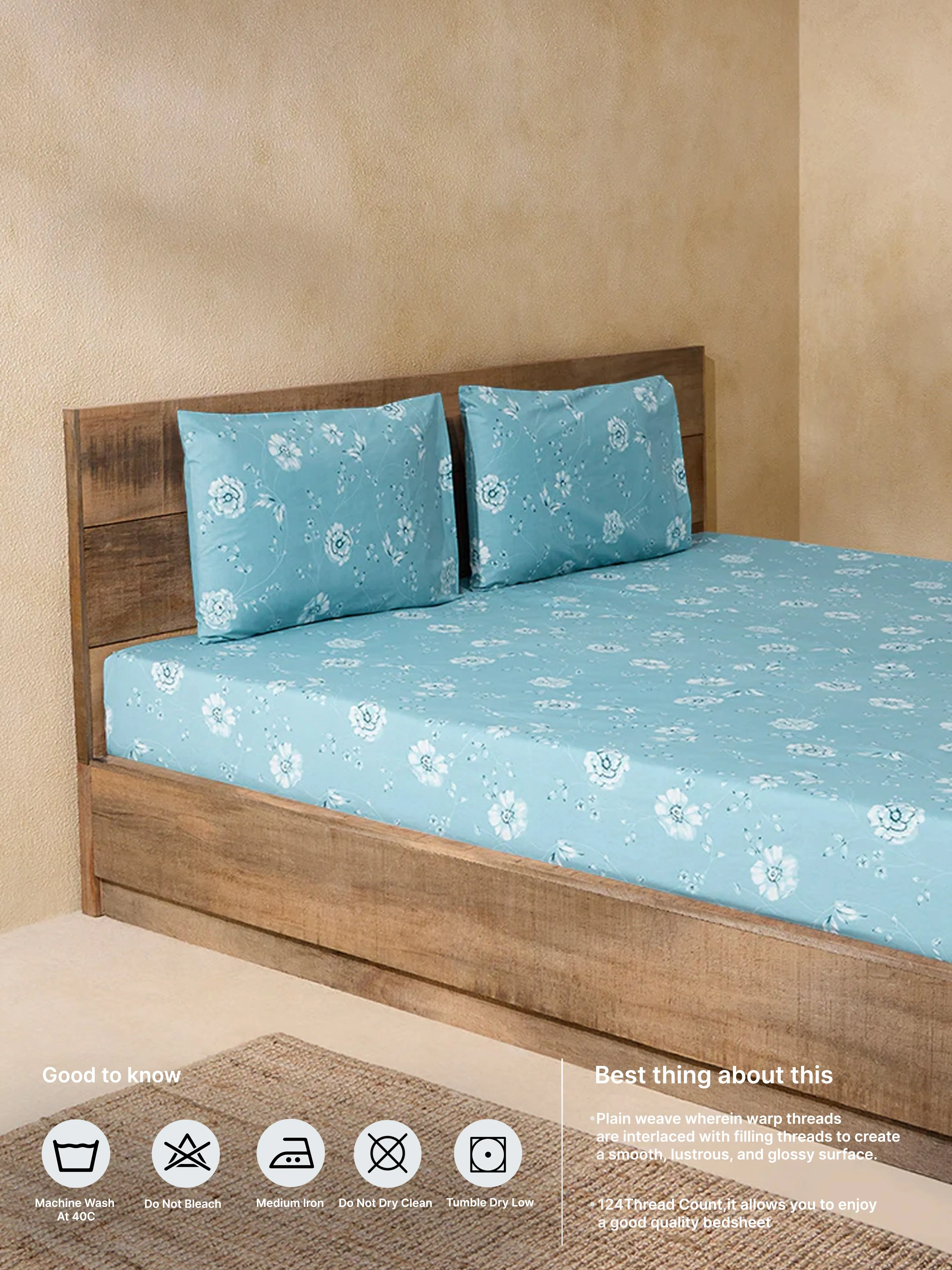 Westside Home Dusty Blue Botanical Print Single Bed Flat Sheet and Pillowcover Set