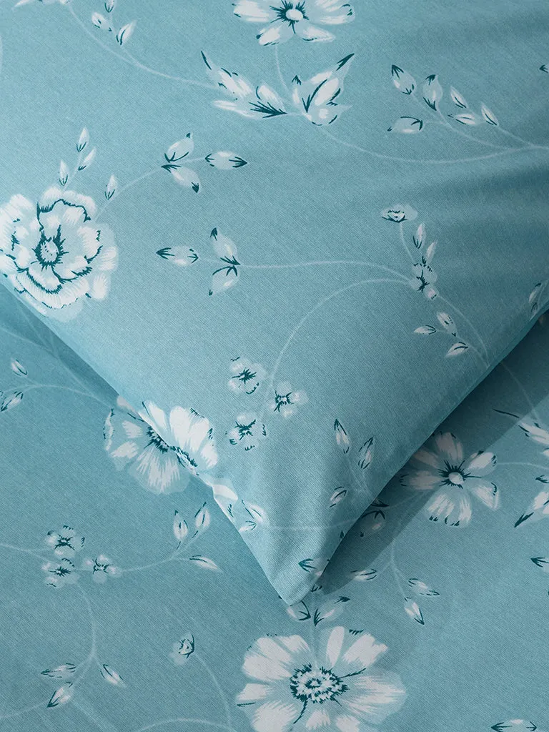 Westside Home Dusty Blue Botanical Print Single Bed Flat Sheet and Pillowcover Set