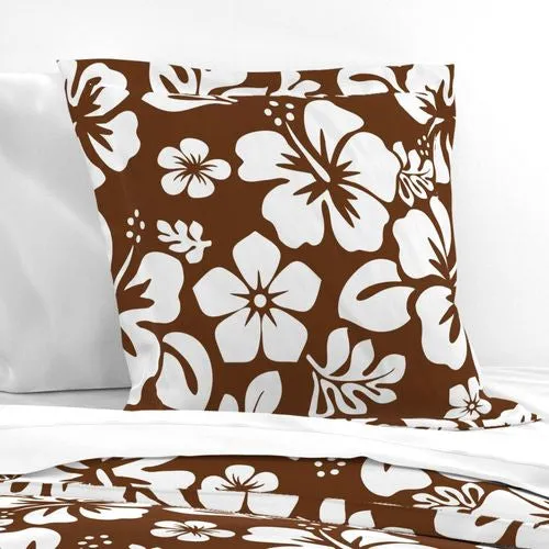 White Hawaiian Hibiscus Flowers on Brown Euro Pillow Sham