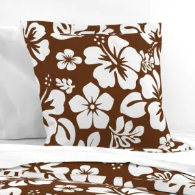 White Hawaiian Hibiscus Flowers on Brown Euro Pillow Sham