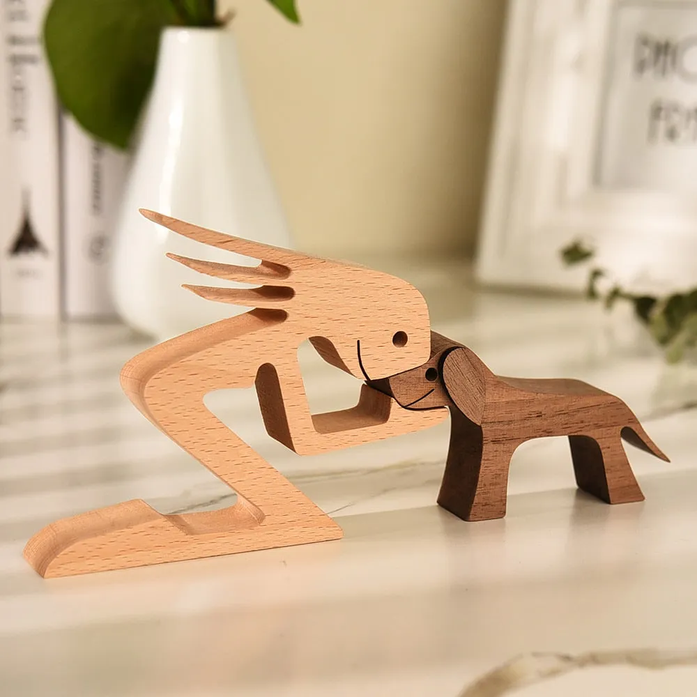 Yeknu Family Puppy Wood Dog Craft Figurine Desktop Table Ornament Carving Model Home Office Decoration Pet Sculpture for Dog Lovers