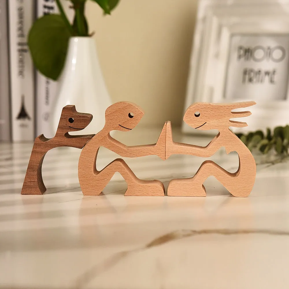 Yeknu Family Puppy Wood Dog Craft Figurine Desktop Table Ornament Carving Model Home Office Decoration Pet Sculpture for Dog Lovers