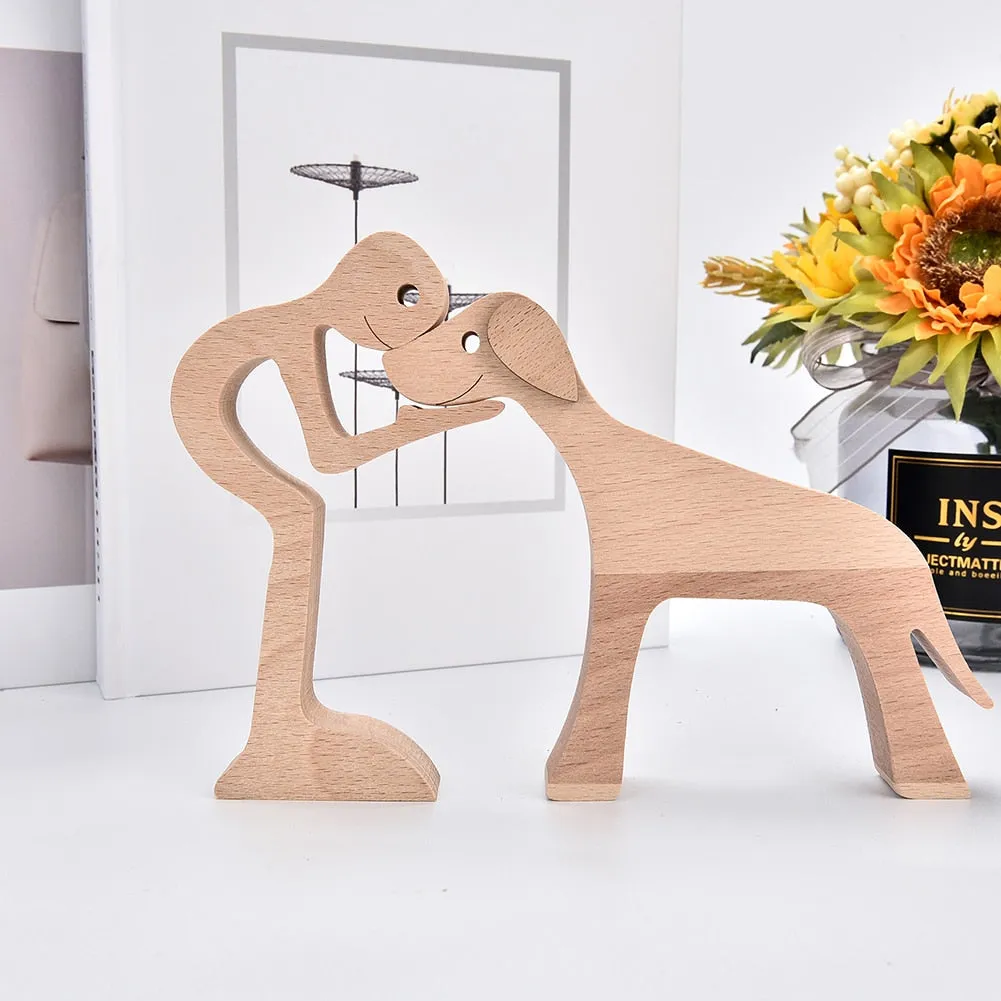 Yeknu Family Puppy Wood Dog Craft Figurine Desktop Table Ornament Carving Model Home Office Decoration Pet Sculpture for Dog Lovers