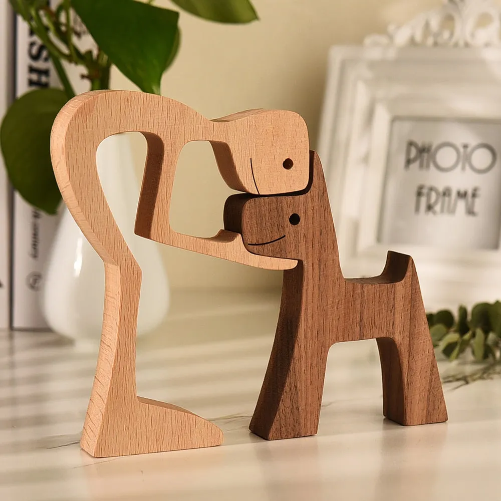 Yeknu Family Puppy Wood Dog Craft Figurine Desktop Table Ornament Carving Model Home Office Decoration Pet Sculpture for Dog Lovers