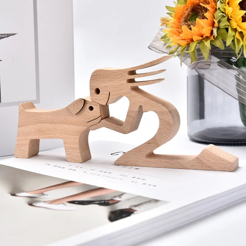 Yeknu Family Puppy Wood Dog Craft Figurine Desktop Table Ornament Carving Model Home Office Decoration Pet Sculpture for Dog Lovers