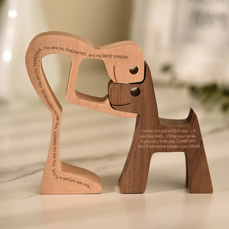 Yeknu Family Puppy Wood Dog Craft Figurine Desktop Table Ornament Carving Model Home Office Decoration Pet Sculpture for Dog Lovers