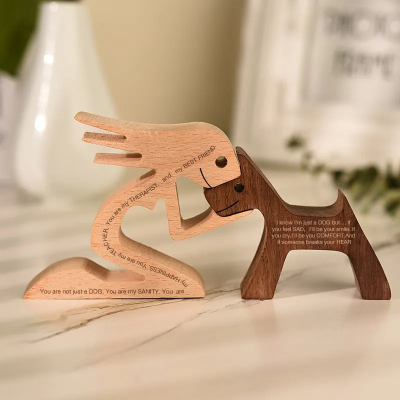 Yeknu Family Puppy Wood Dog Craft Figurine Desktop Table Ornament Carving Model Home Office Decoration Pet Sculpture for Dog Lovers