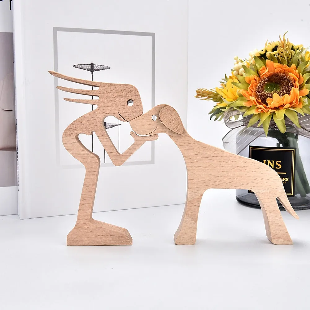 Yeknu Family Puppy Wood Dog Craft Figurine Desktop Table Ornament Carving Model Home Office Decoration Pet Sculpture for Dog Lovers