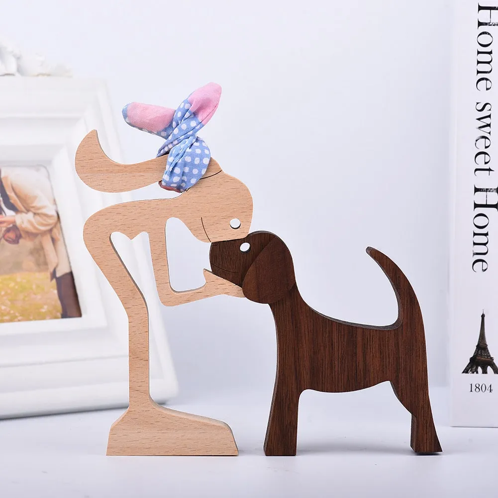 Yeknu Family Puppy Wood Dog Craft Figurine Desktop Table Ornament Carving Model Home Office Decoration Pet Sculpture for Dog Lovers