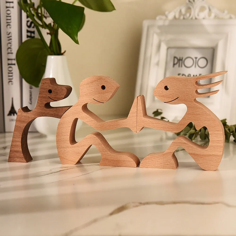 Yeknu Family Puppy Wood Dog Craft Figurine Desktop Table Ornament Carving Model Home Office Decoration Pet Sculpture for Dog Lovers