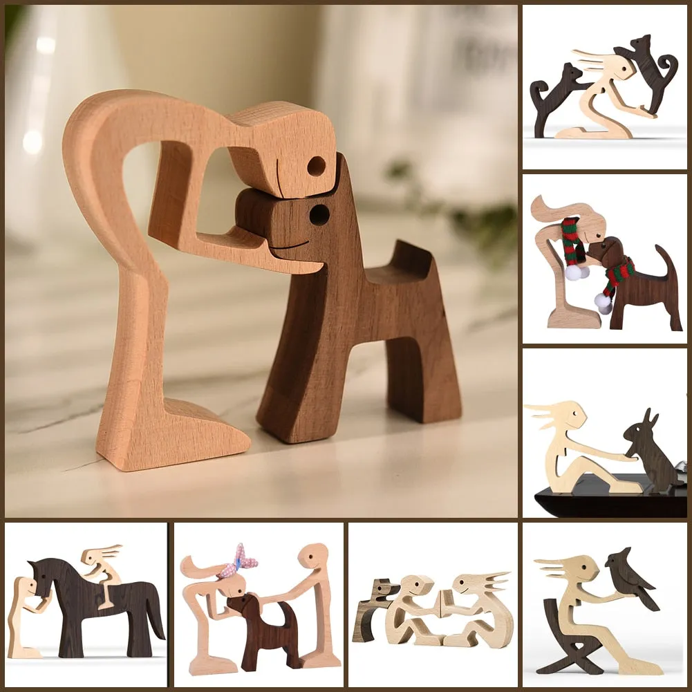 Yeknu Family Puppy Wood Dog Craft Figurine Desktop Table Ornament Carving Model Home Office Decoration Pet Sculpture for Dog Lovers